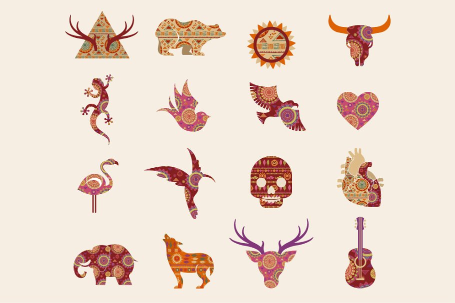 波希米亚部落文化纹理+图标 Boho & Ethnic set. Patterns + icons插图(1)