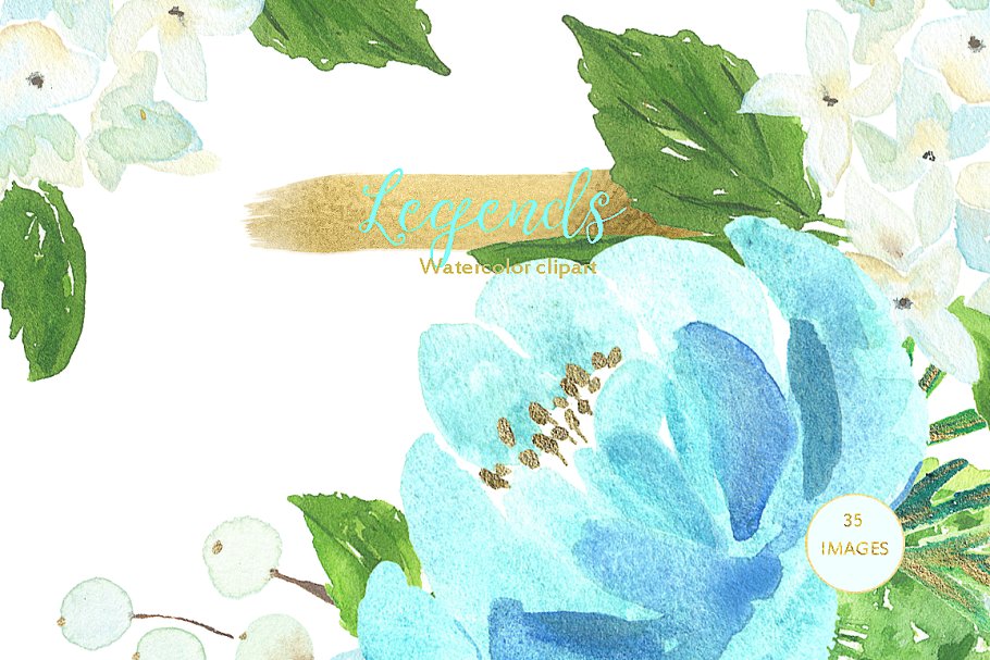 金色和蓝色水彩花卉插画 Gold & ligh blue. Watercolor flowers插图(4)