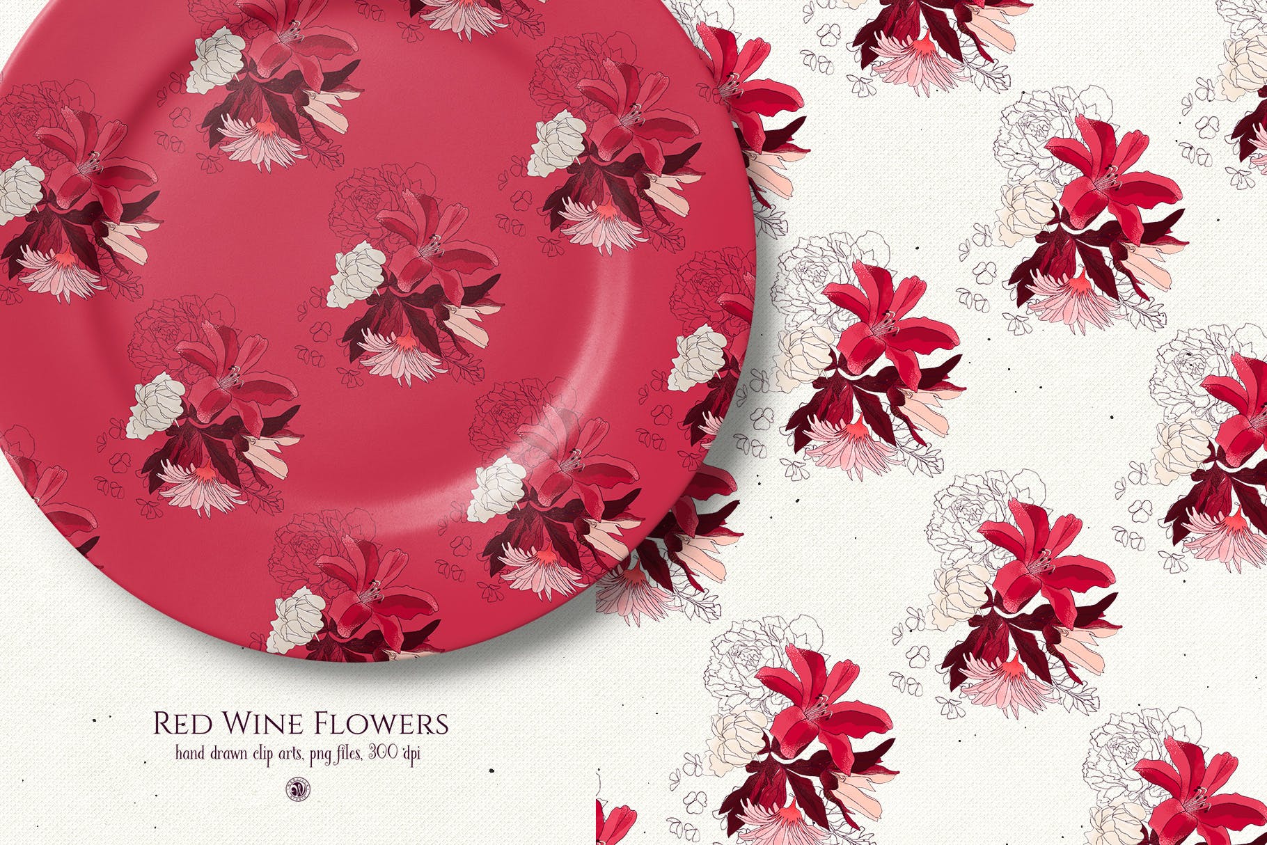 酒红色水彩手绘花卉PNG素材 Red Wine Flowers插图(4)