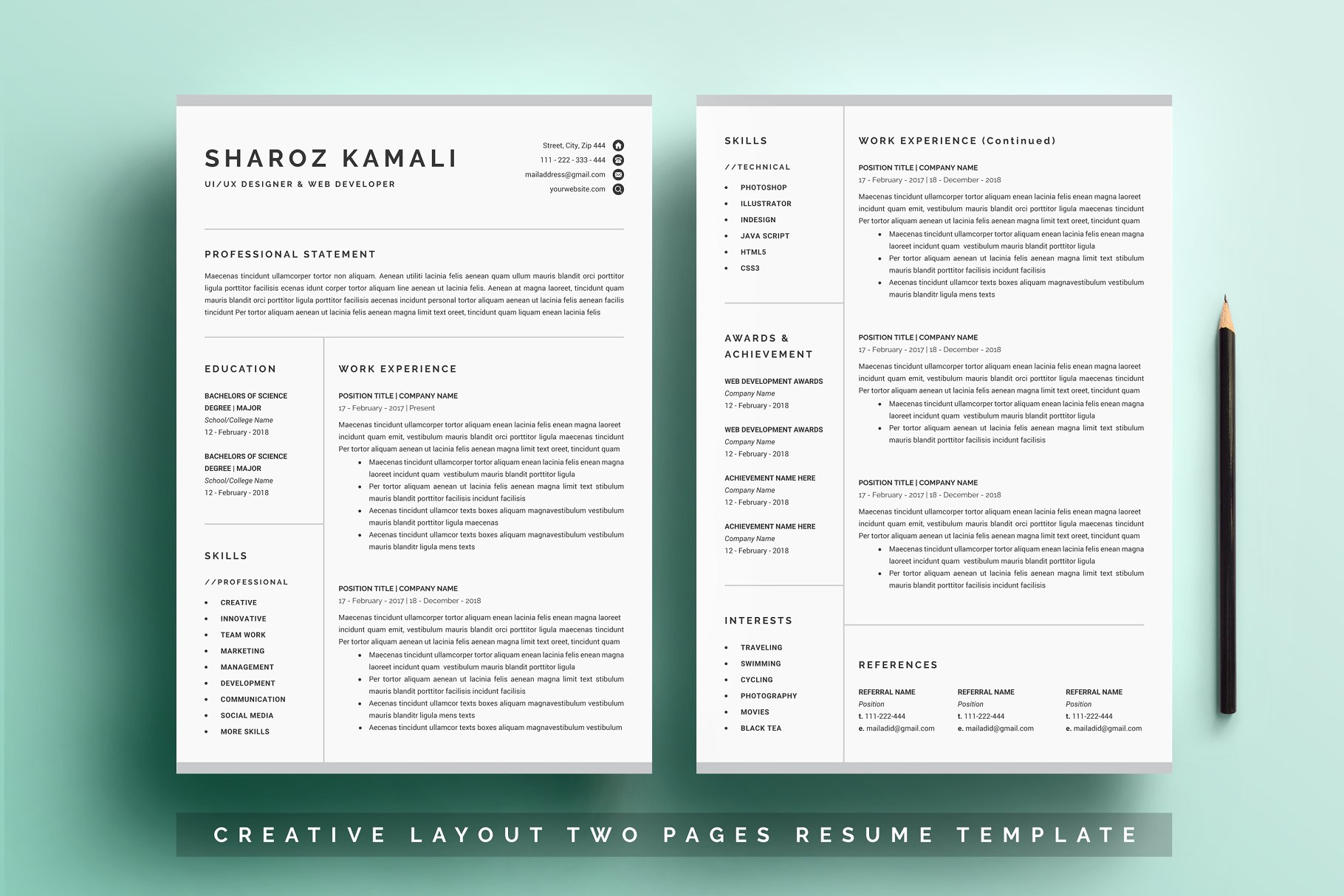 一份4页清爽明了的简历模板 Resume/CV Template 4 Pages Pack插图(1)
