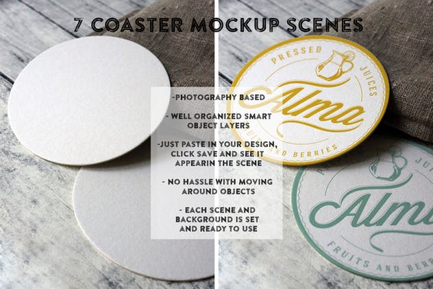 复古圆形杯垫标签展示样机 Coaster Round Label Mockup插图(1)