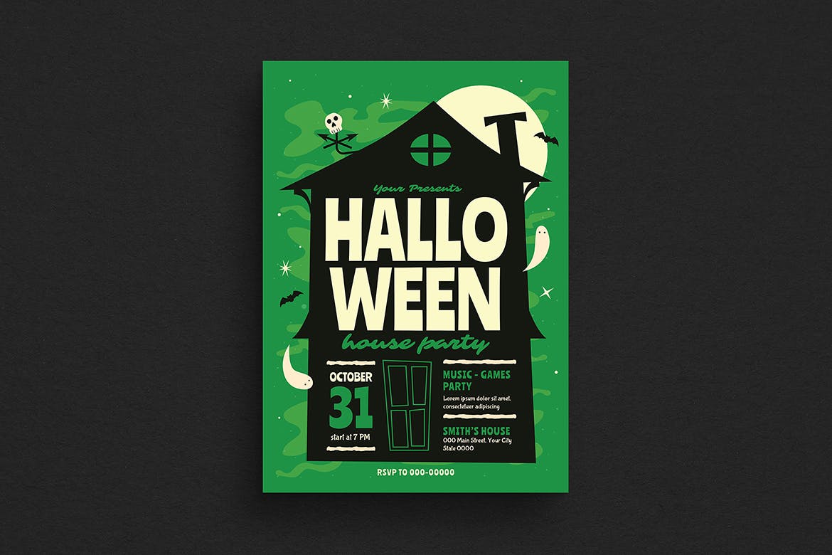 万圣节鬼屋派对活动海报设计模板 Halloween House Party Event Flyer插图(2)