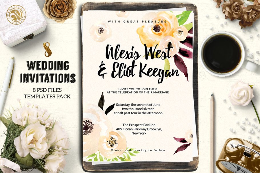 手绘花卉装饰婚礼邀请函设计模板合集 8 Wedding Invitations Pack插图(3)