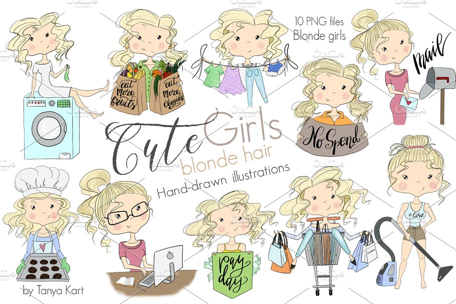 可爱金发女孩剪贴画 Cute Girls Blonde Hair Clipart插图