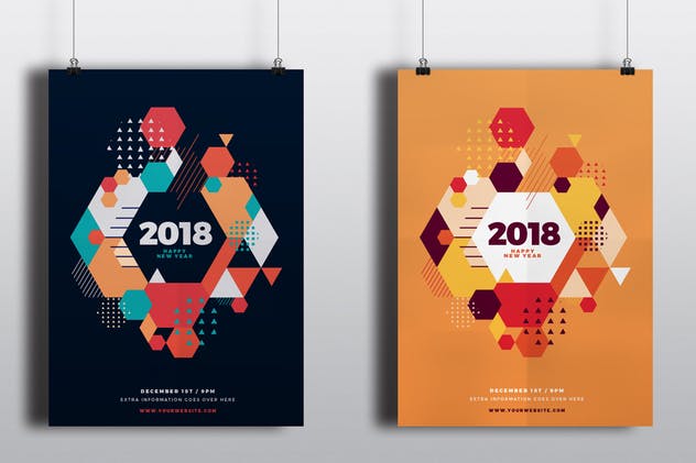 多彩几何图案新年主题海报设计模板 Happy New Year 2018 Party Flyer插图(6)