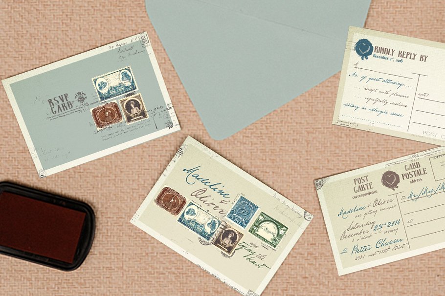 复古邮票主题风婚礼邀请函设计模板 Vintage Stamp Wedding Suite插图(2)