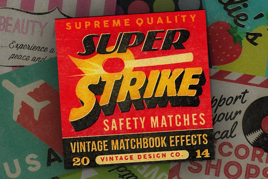复古怀旧风格火柴盒外观设计图层样式 Super Strike – Matchbook Effects插图