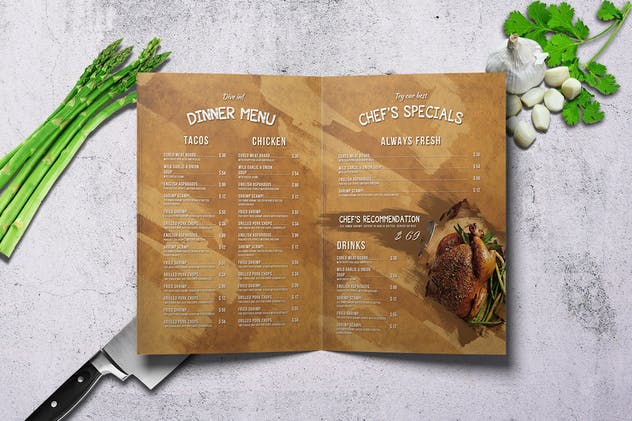 经典多用途双折页汉堡店菜单PSD模板 Multipurpose Food Menu – Bifold – A4 & US Letter插图(2)