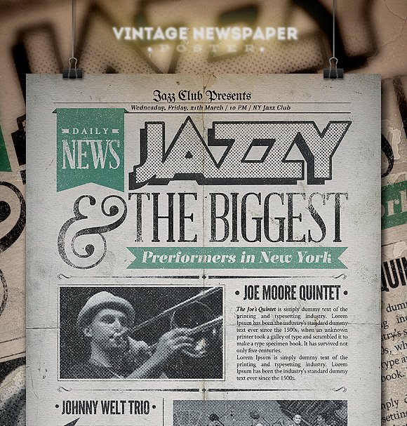 老式爵士音乐报纸样式海报模板 Jazz | Vintage Newspaper Poster插图(1)