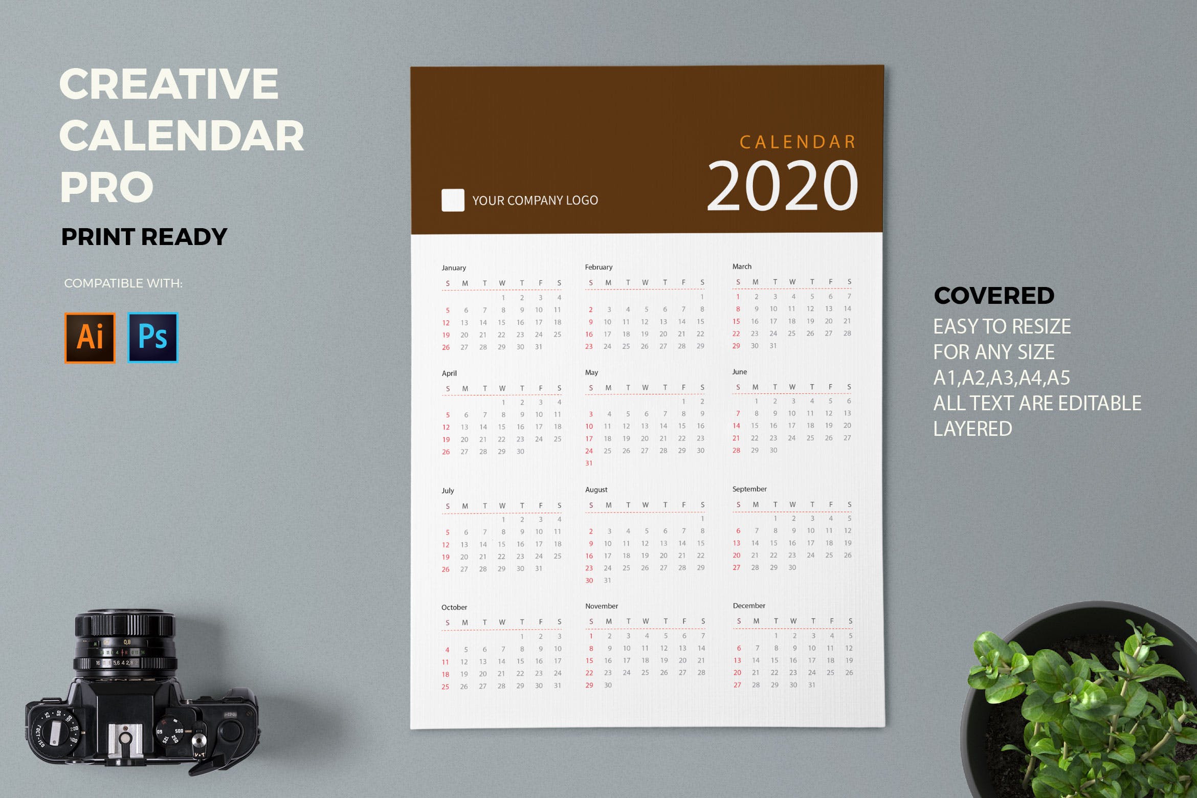 极简主义纯色设计2020年历日历设计模板 Creative Calendar Pro 2020插图