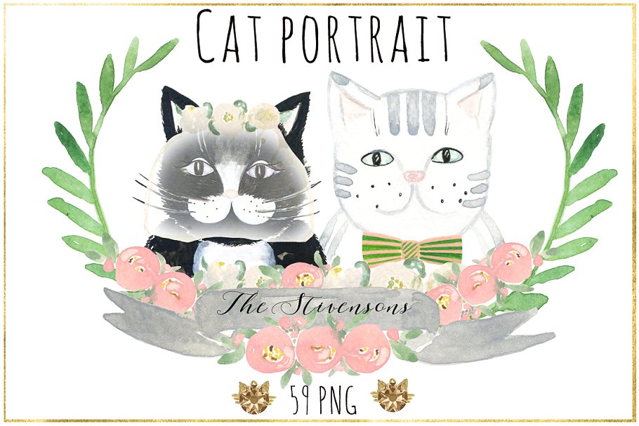 可爱猫猫水彩插画 Cat portrait creator. Watercolors.插图