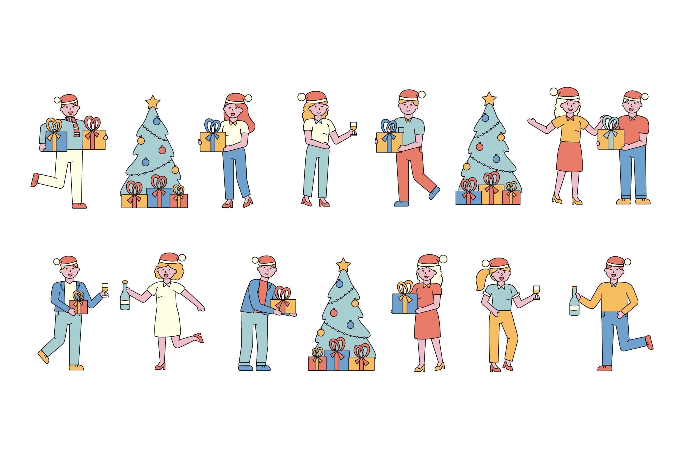庆祝新年人物形象线条艺术矢量插画素材 New Year Lineart People Character Collection插图