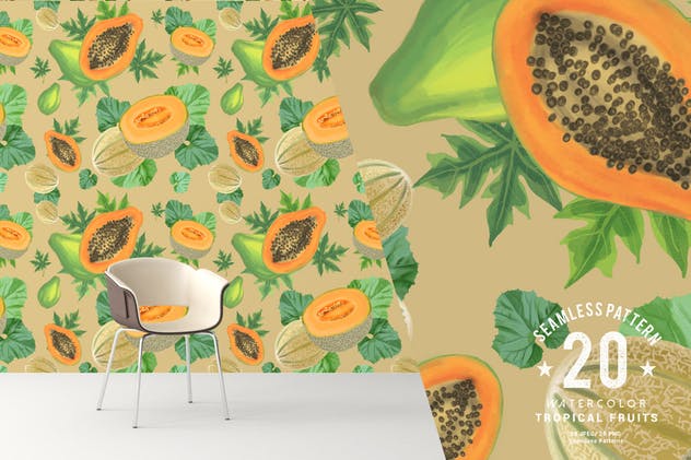 20组水彩热带水果无缝图案合集 20 Watercolor Tropical Fruits Seamless Pattern插图(2)