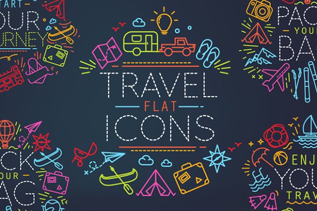 旅行主题线条图标集 Travel flat icons插图
