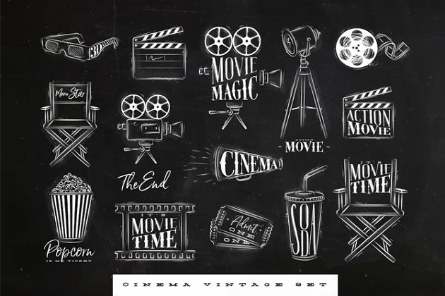 复古黑白电影投放机剪贴画 Cinema Vintage Set插图
