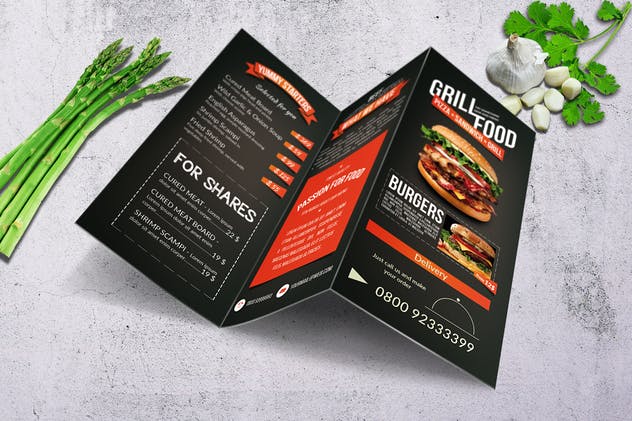 烧烤吧主题餐厅三折页食物菜单模板 Grill BBQ Trifold Food Menu插图(5)