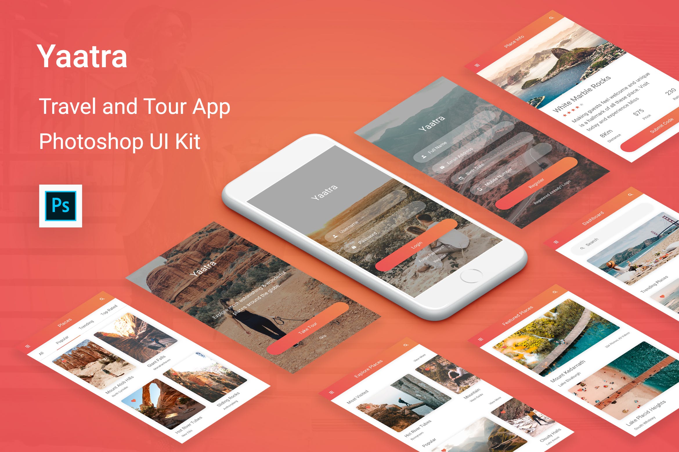 旅游旅行APP应用用户交互界面UI套件PSD模板 Yaatra – Travel & Tour UI Kit for Photoshop插图