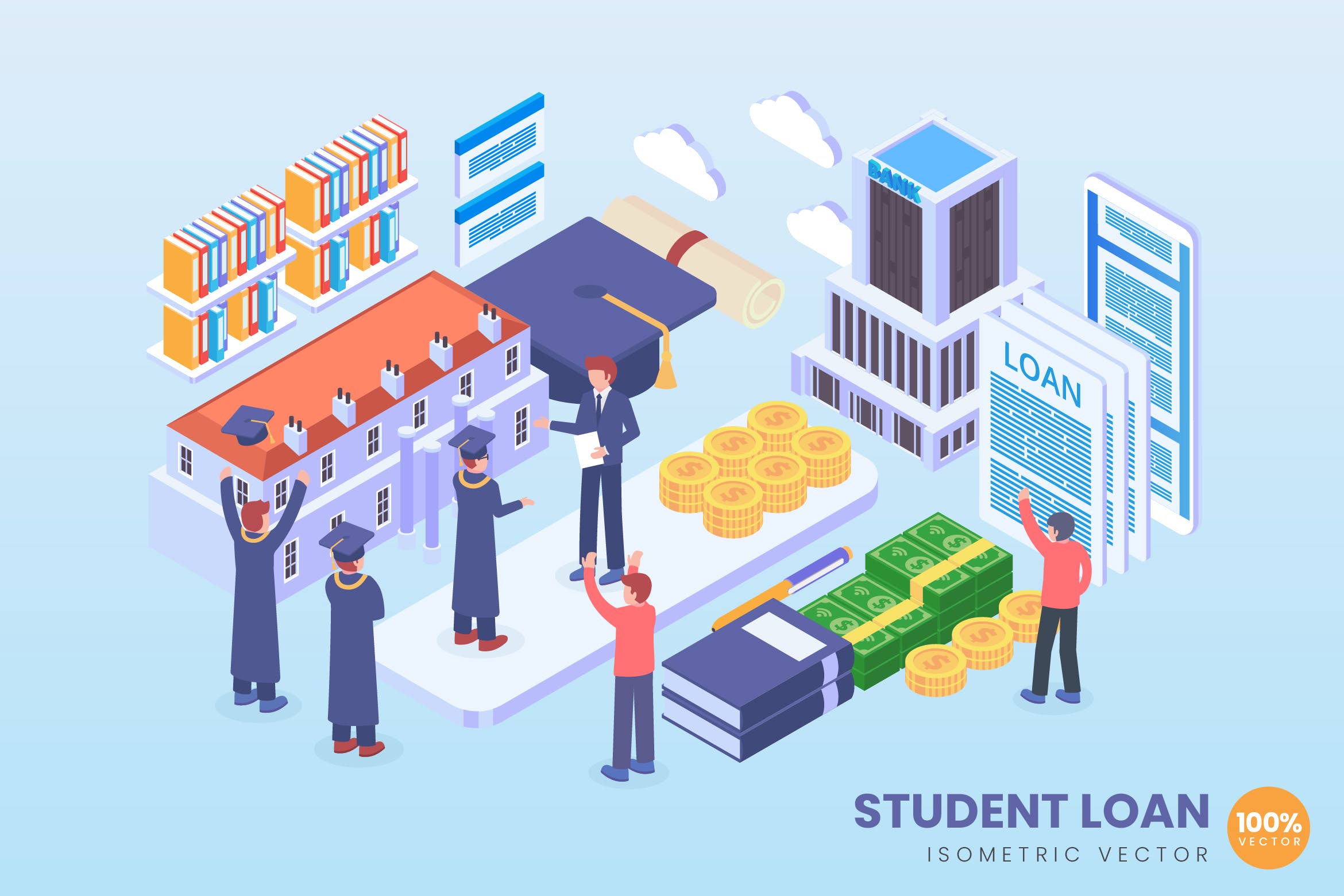学生贷款金融场景2.5D等距概念矢量插画 Isometric Student Loan Vector Concept插图