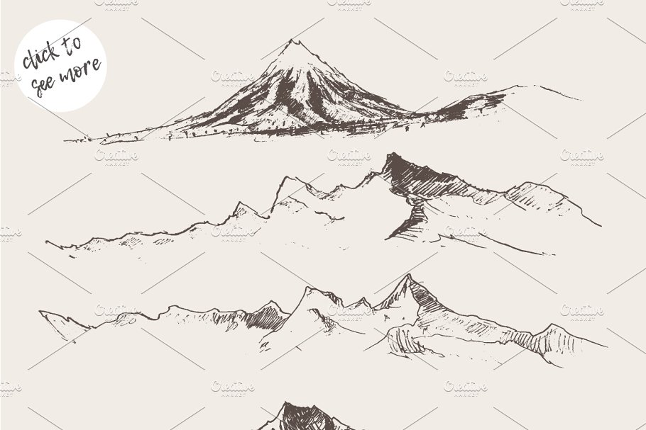 钢笔素描山岭矢量剪贴画 Set of sketches of mountains, vol. 2插图(1)