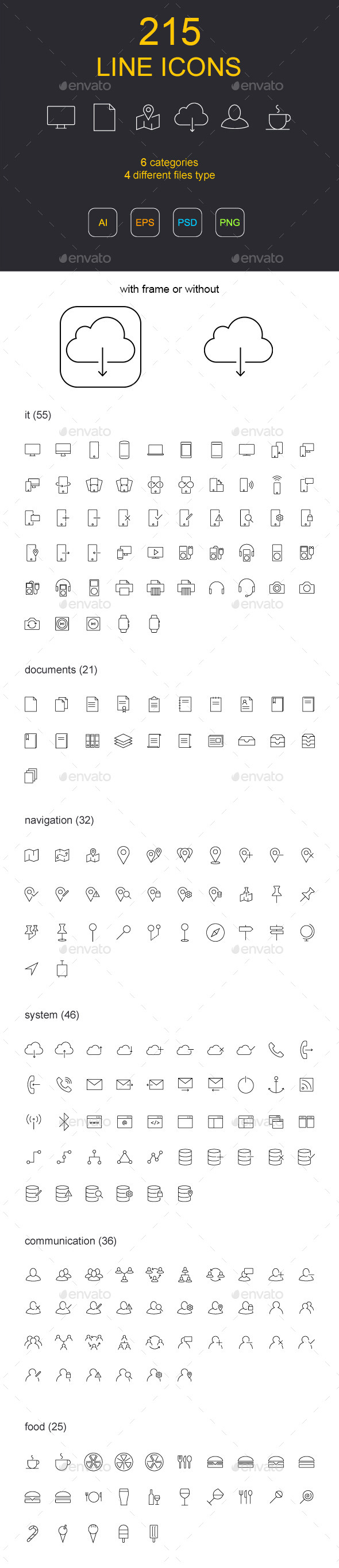 线框图标素材包 215 Line Icons（PSD, EPS, AI, JPG&PNG）插图