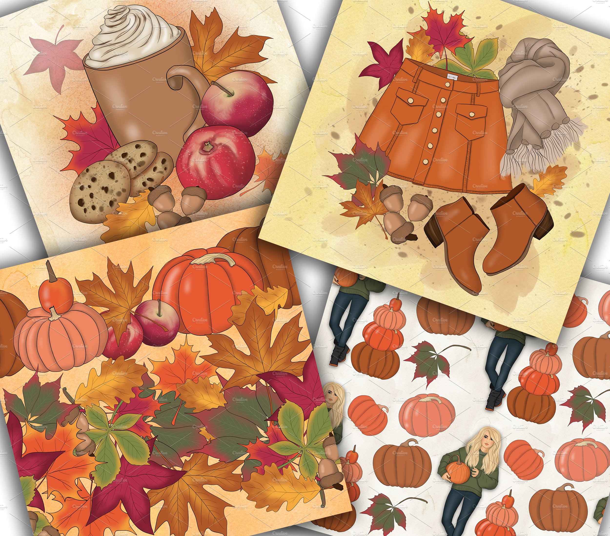丰收的季节手绘设计插画素材+纹理 Happy Fall Autumn Design Kit插图(6)