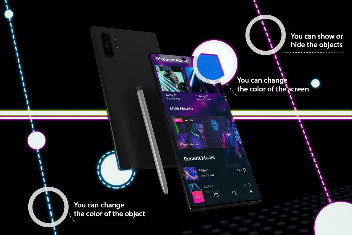 酷黑背景三星智能手机Note 10多角度屏幕预览样机模板 Neon Note 10 MockUp插图(1)