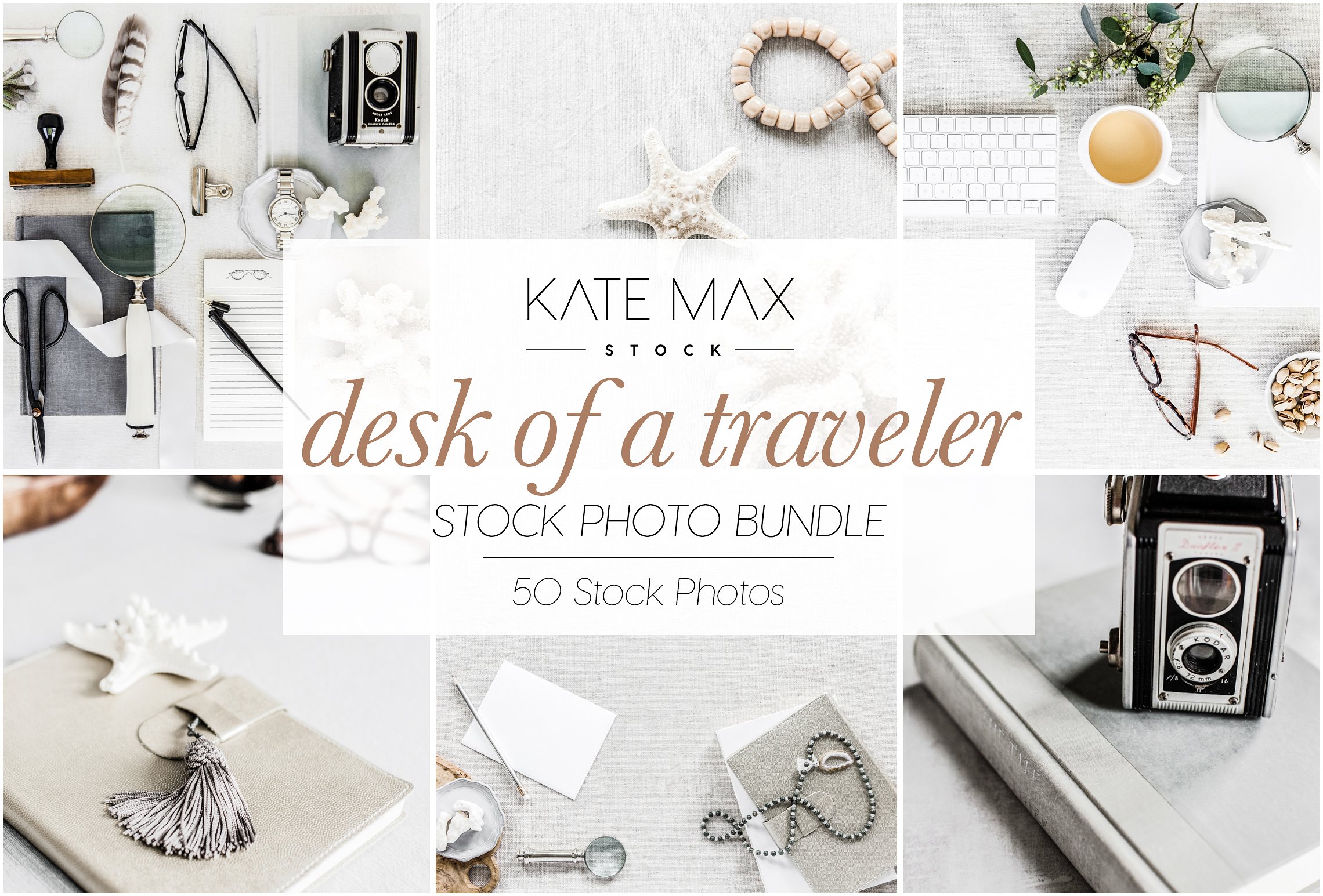 现代,干净和女性化品牌场景样机模板 Desk of a Traveler Stock Photo Bundl插图