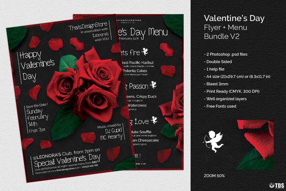 情人节主题菜单PSD模板V2 Valentines Day Flyer+Menu PSD V2插图