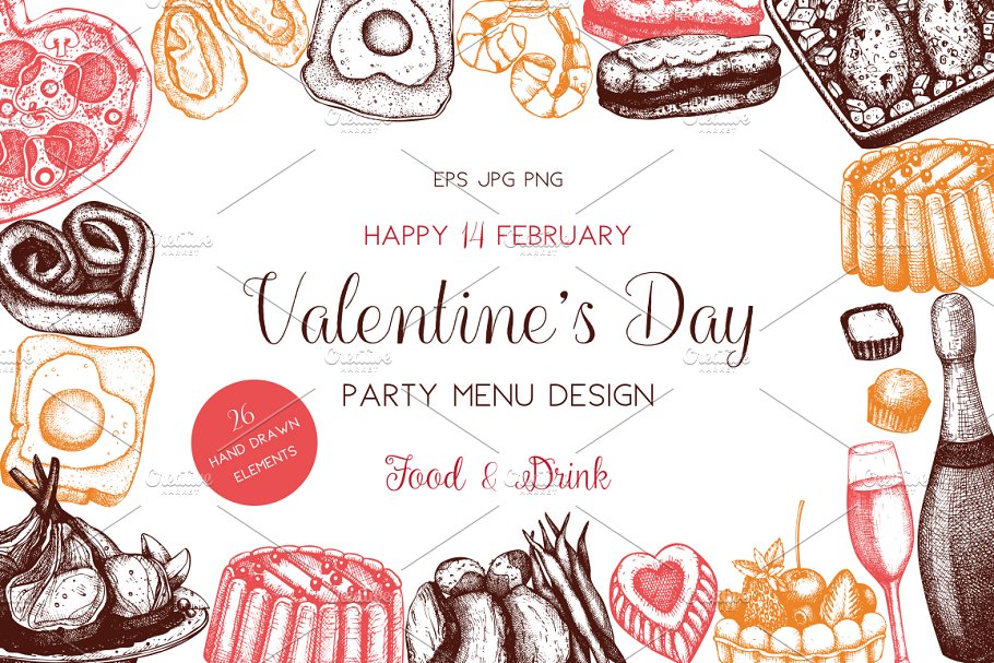 情人节主题配色食品和饮料手绘插画 Food & Drinks for Valentine’s Day插图