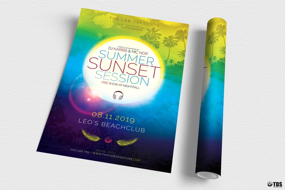 夏季海滩派对宣传单PSD模板 Summer Sunset Flyer PSD插图(2)