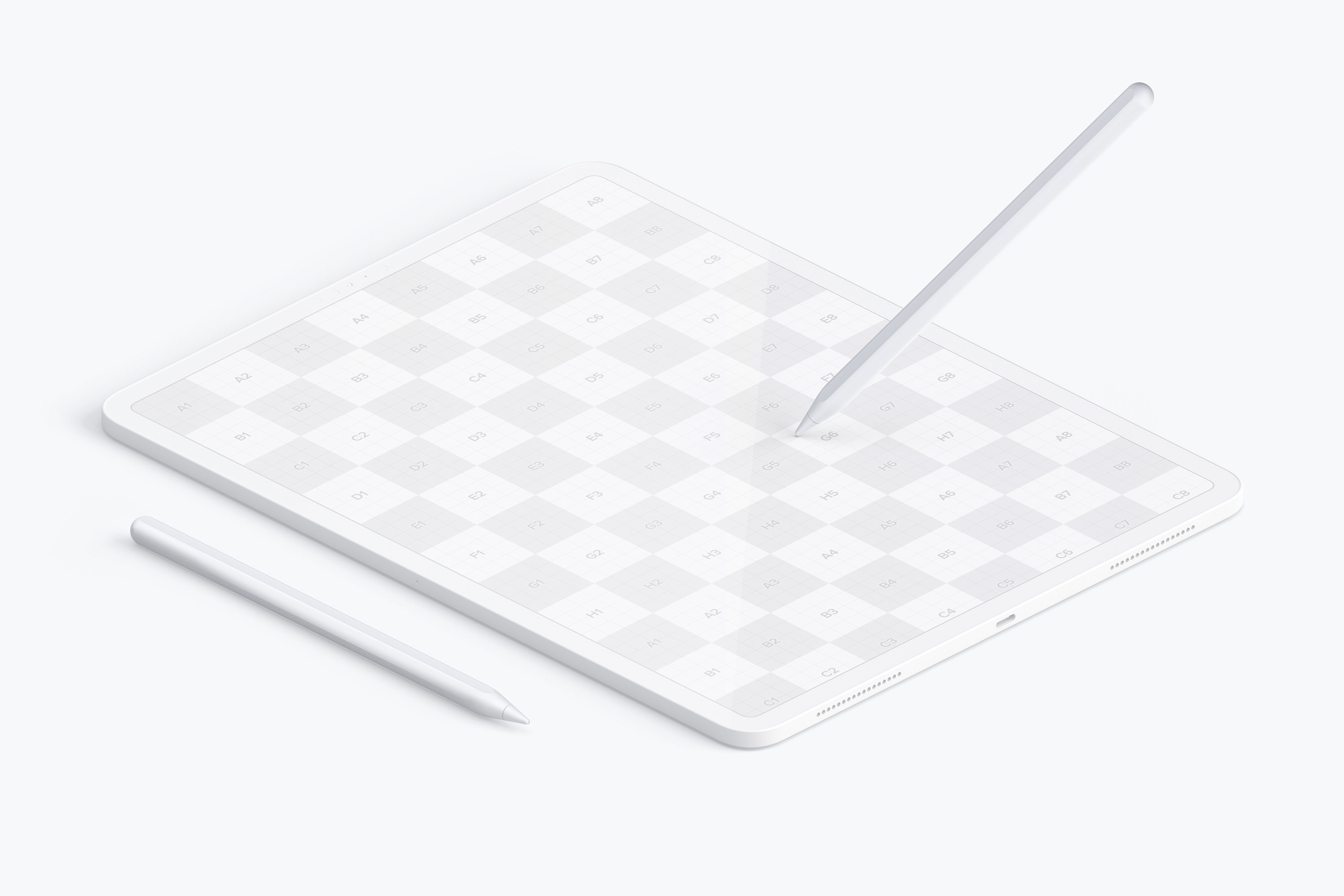 iPad Pro陶瓷黏土材质平板电脑UI界面设计等距左视图样机 Clay iPad Pro 12.9” Mockup, Isometric Left View插图(1)