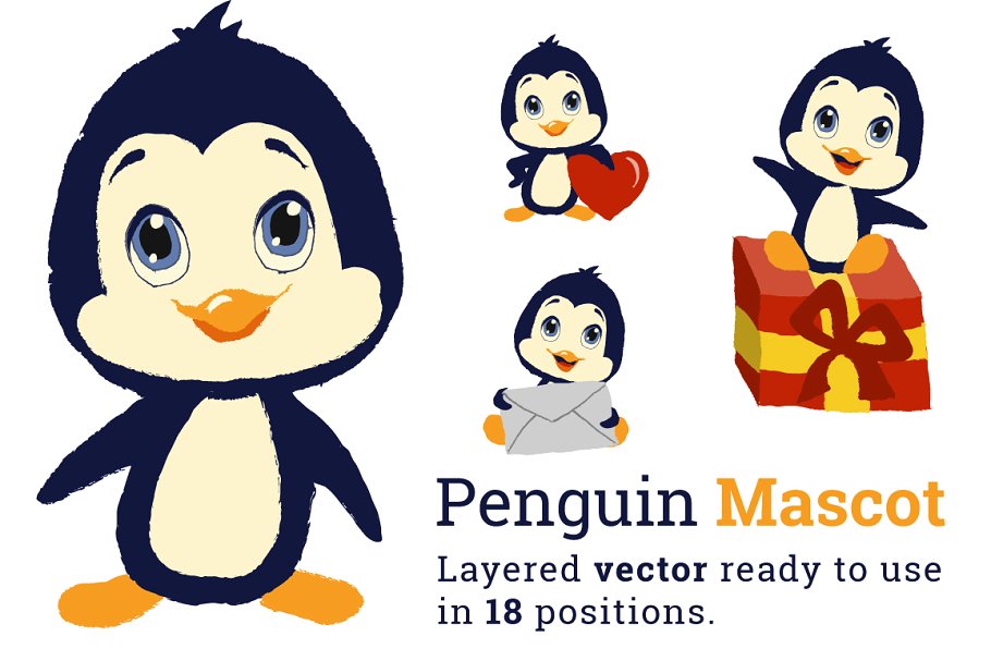 可爱企鹅吉祥物手绘插画设计 Penguin Mascot插图