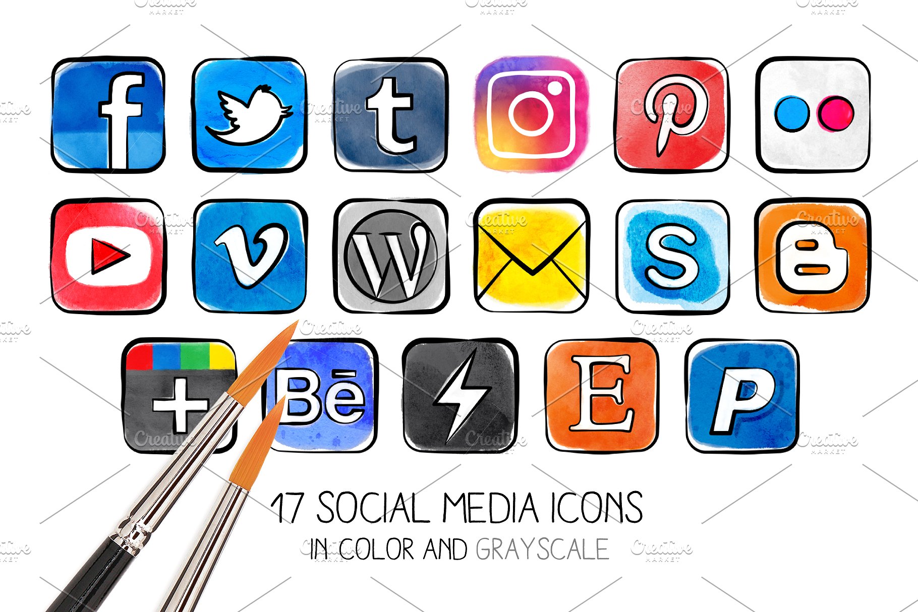 17种水彩效果社交媒体图标  Watercolor effect social media icons插图