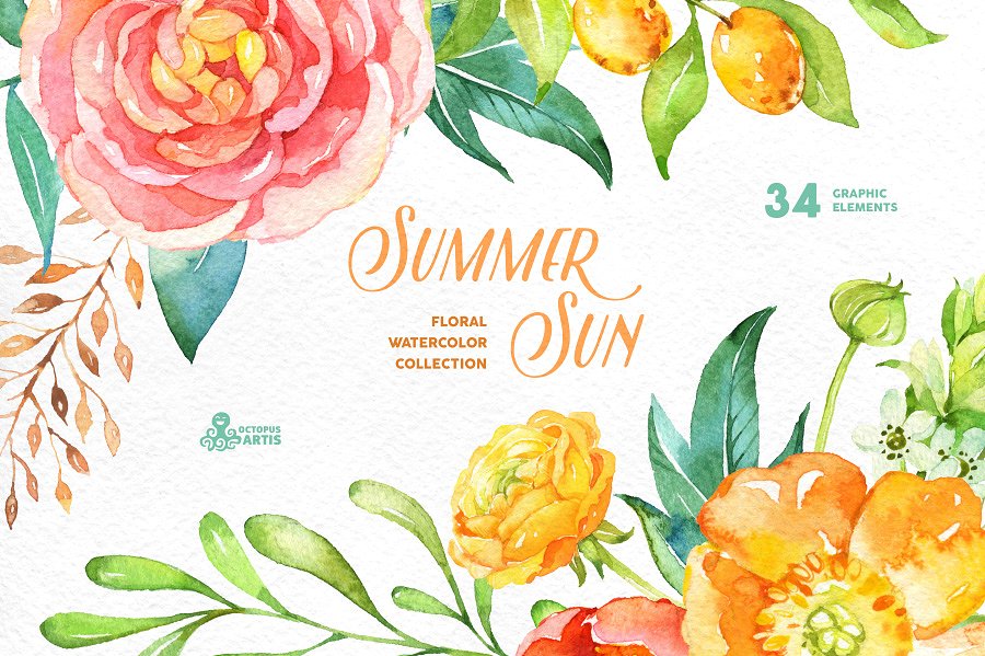 夏日太阳色水彩花卉插画 Summer Sun. Floral Collection插图