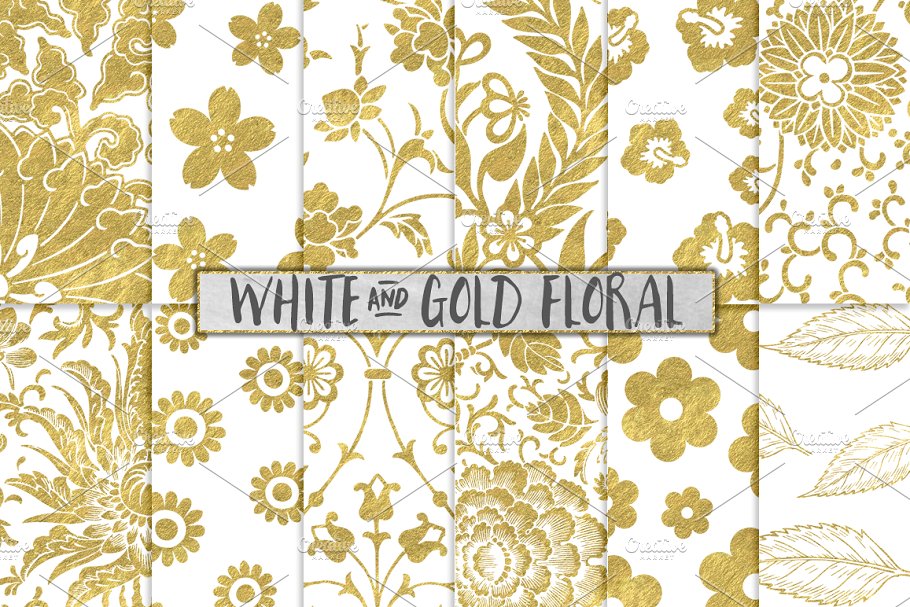 白色和金色花卉图案纹理背景 White and Gold Floral Backgrounds插图