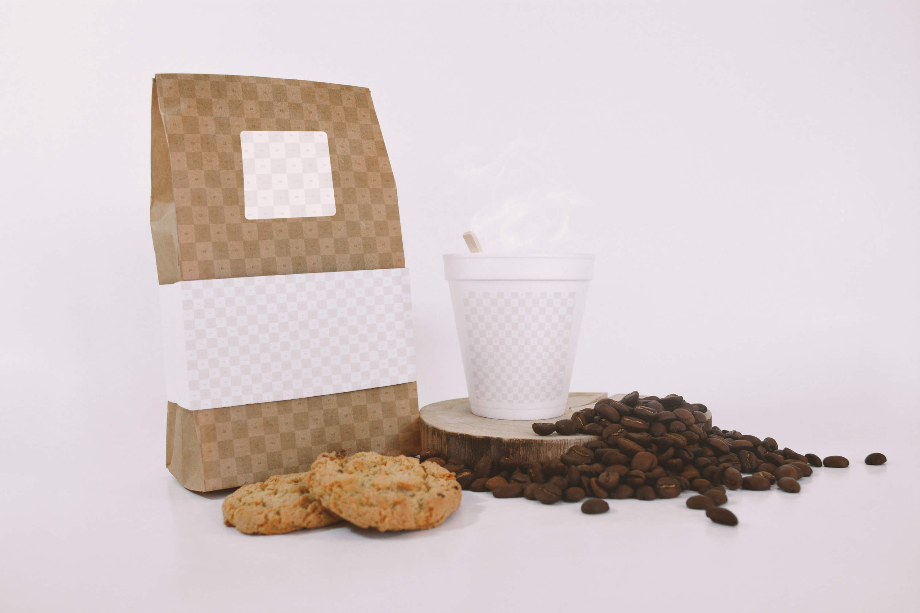 咖啡豆包装麻袋&咖啡纸杯品牌VI设计样机模板 Coffee Bag and Cup Mockup With Cookies插图(1)