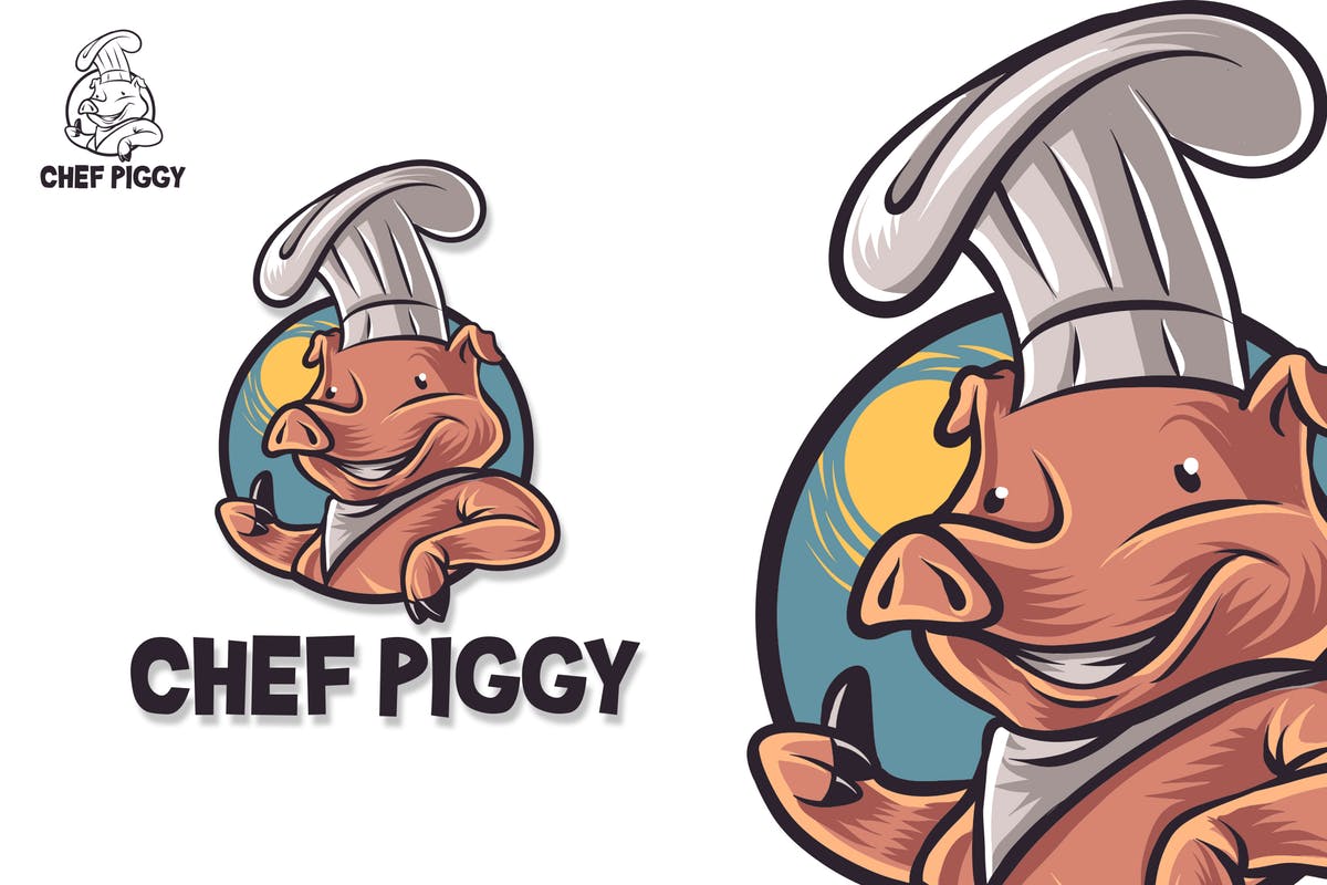 猪厨师卡通形象餐厅Logo设计模板 Chef Pig Mascot Logo插图