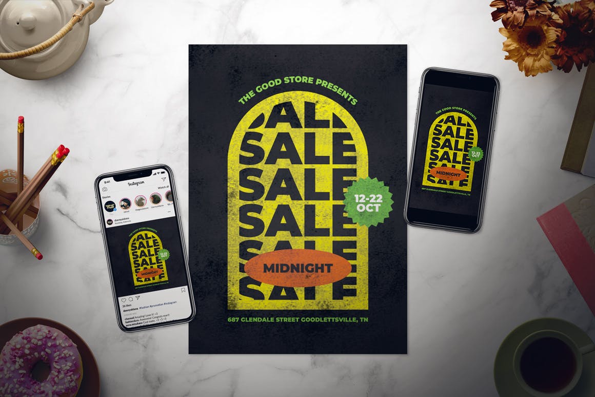 复古设计风格双11购物节海报设计素材 Retro Midnight Sale Flyer Set插图(1)