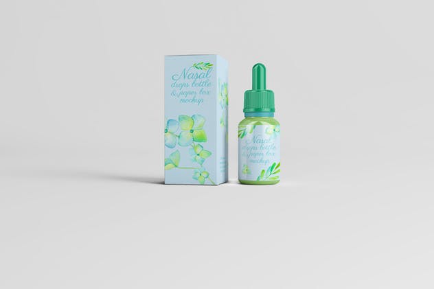 化妆品滴瓶外观/包装纸盒样机 Nasal Drops Bottle/ Paper Box Mockup插图(1)