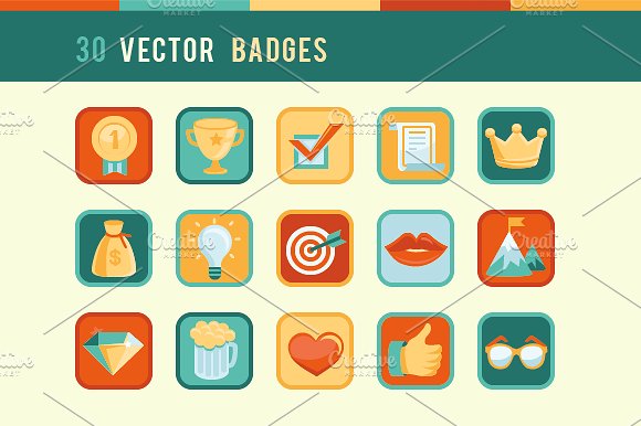 30枚平面复古风格社区徽章和奖项小图标 30 Vector Community Badges and Award插图