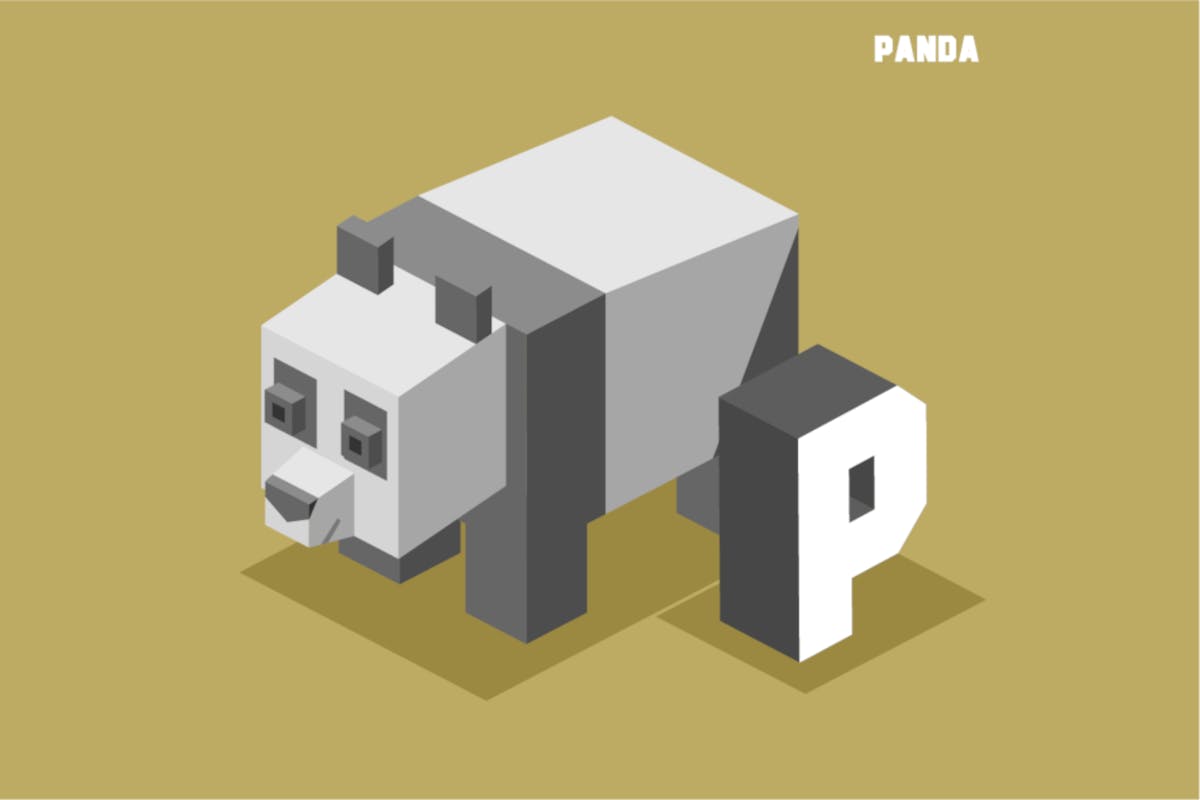 字母P&熊猫英文字母识字卡片设计2.5D矢量插画素材 P for Panda. Animal Alphabet插图