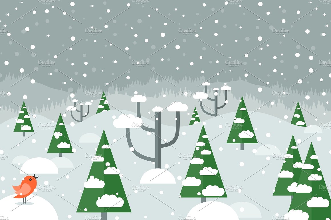 手绘圣诞树/下雪/下雪的树林圣诞元素矢量图插图