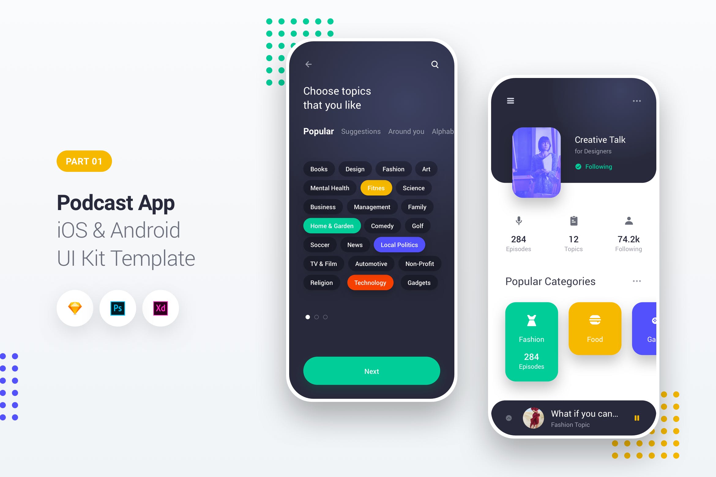 音乐播客iOS&Android手机APP应用UI设计套件1 Podcast Player App iOS & Android UI Kit Template 1插图