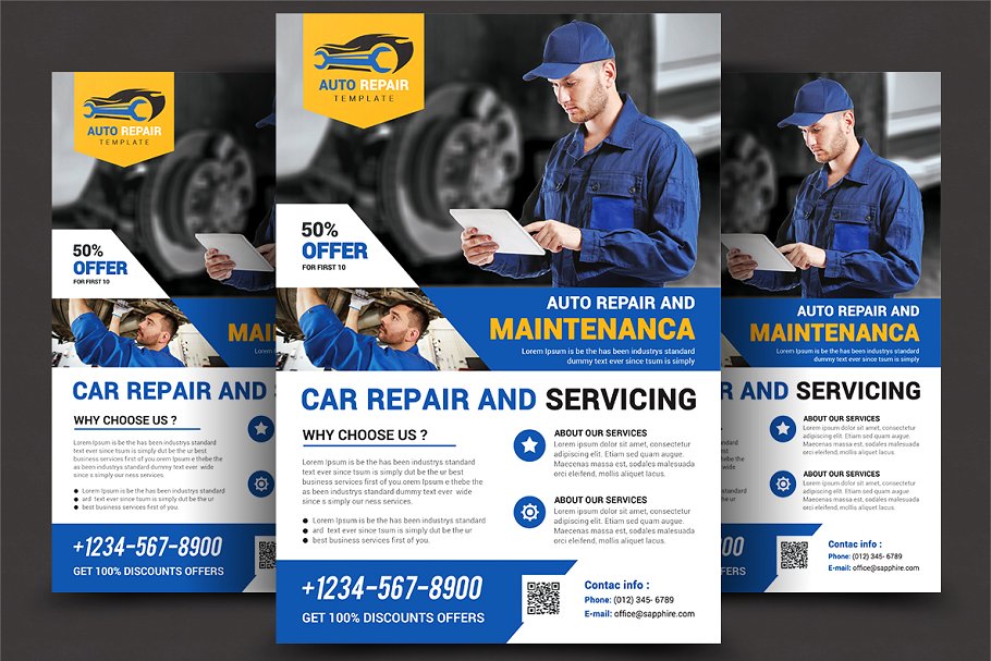 汽配维修服务宣传海报设计模板 Car Repair Service Flyer插图