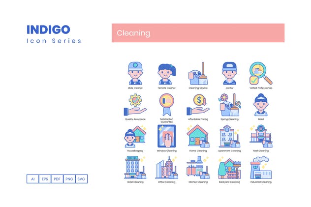65个靛蓝配色家政清洁服务图标合集 65 Cleaning Icons | Indigo Series插图(1)