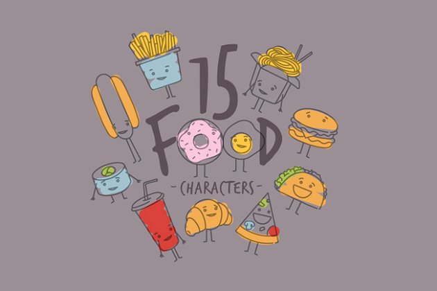 手绘甜点小吃矢量图案 Food Characters插图