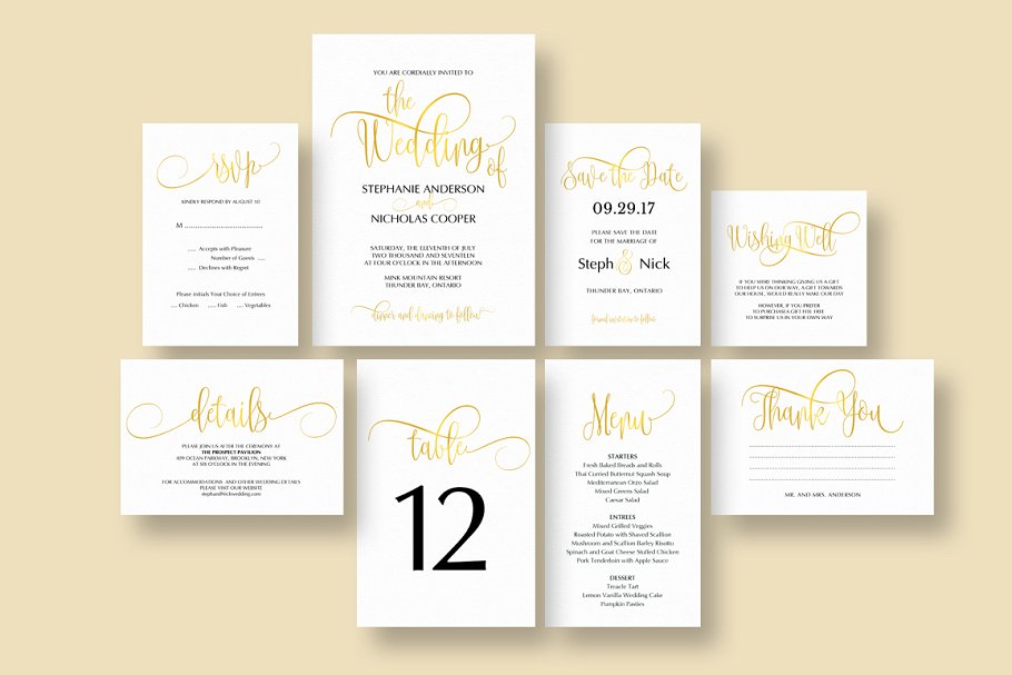 现代典雅漆字婚礼请柬模板套装 Gold elegant wedding invitation插图(1)