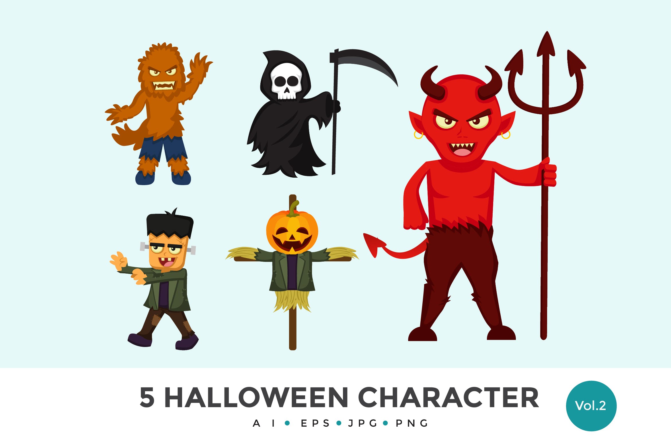 5个万圣节可爱怪物卡通人物矢量图形素材v2 5 Cute Halloween Monster Vector Character Set 2插图