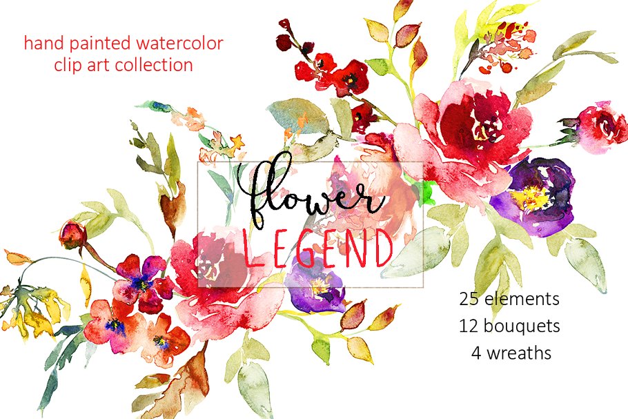 红牡丹花水彩剪切画（元素、花束&花圈） Watercolor Red Peony Flowers Clipart插图