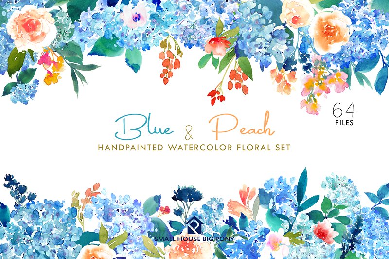 蓝色和桃色-水彩花卉元素套装 Blue & Peach- Watercolor Floral Set插图(4)